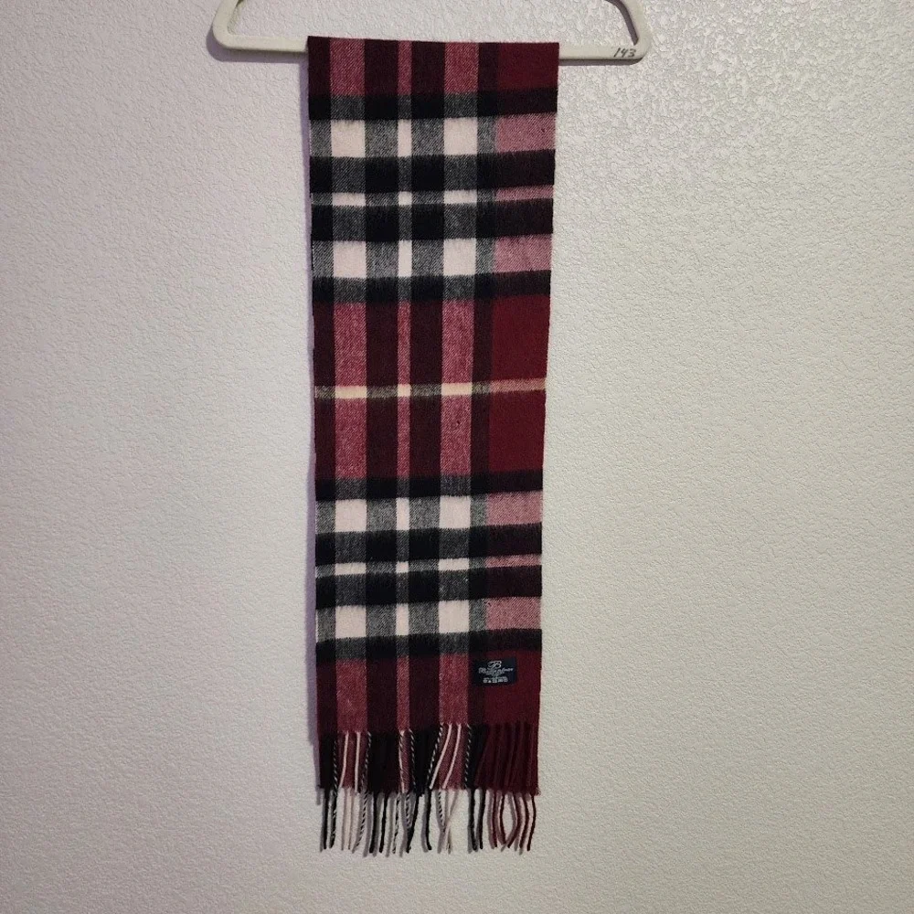 BALLANTRAE EDINBURGH Plaid Lambswool‎ Scarf Burgundy Check Fringe